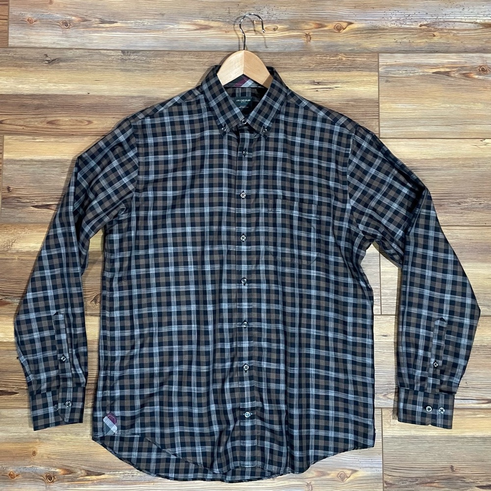 Leo Chevalier Mens Plaid Long Sleeve Button Down Dress Shirt Size Large Non Iron